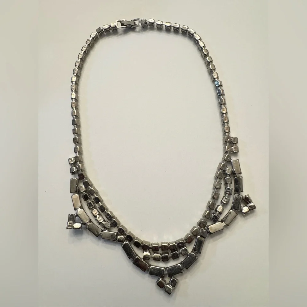 Vintage Milk Glass Rhinestone Bib Necklace Mid Century - Bridal, Formal, Prom